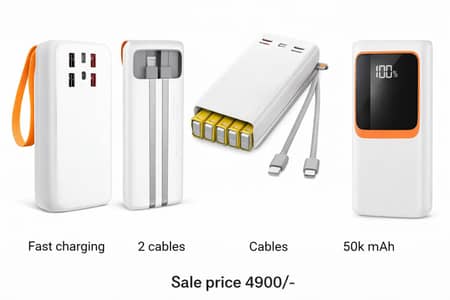 50,000mAh Fast Charging Power Bank – Dual Built-in Cables
