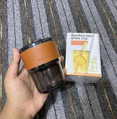Bamboo Glass Cup with Leather Grip & Glass Straw