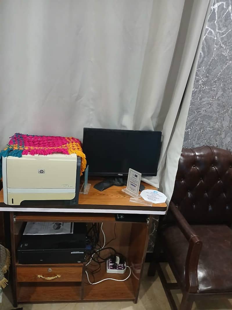 computer, printer, table, chair 1