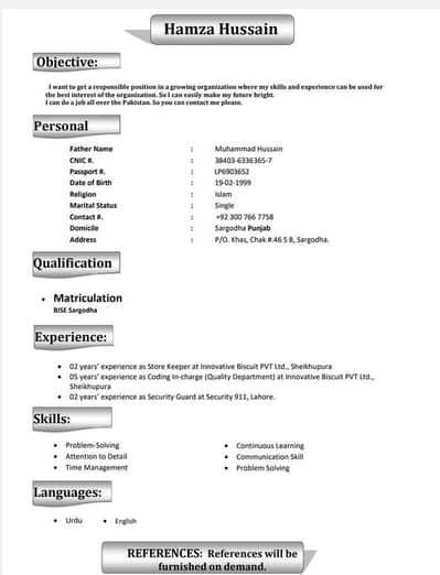 I am hamza from Sargodha now in Lahore I want job study matric