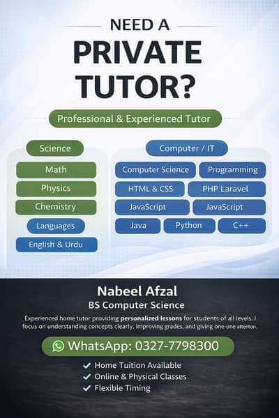 Experienced Home Tutor for PG to FSC (All Subjects)