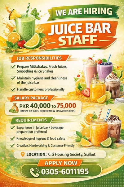 Juice Bar Expert Required || Urgent Hiring || Jobs