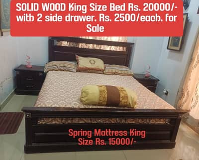 Wooden King Size Bed with 2 Side Tables, Dresser for Sale