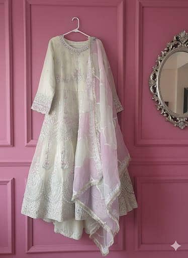 3pc Party Wear Maxi Style frock With Pearl And Stone heavy embroidery