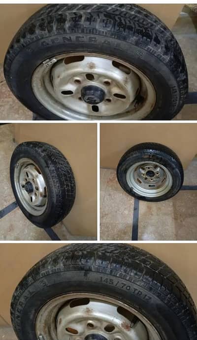 Mehran 4 steel rims with 145 70 12 tyres