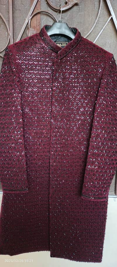 1 sherwani mehroon colour with kulla and 1 pent Court 3 piece blue