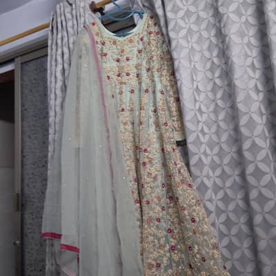 Dreamy Mint Embroidery Maxi with Net Dupatta - Short Front & Long Back