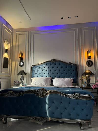 Elegant Wooden Bed + Glass top bedside tables