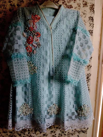 Luxury Designer 3-Piece Embroidered Net Suit – Pearl Handwork | Size M