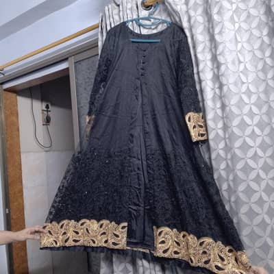 Elegant Black Party Wear Dress with Golden Embroidery.