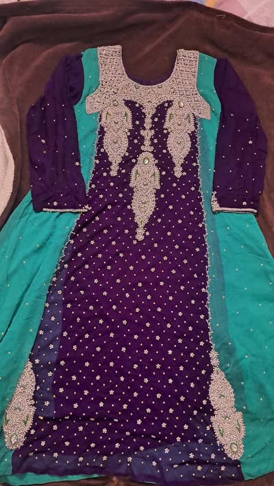 ferozi and purple long frock with heavy work 3 piece suit