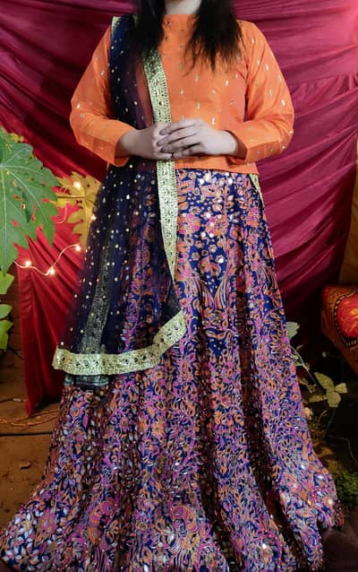 Heavy mirror-work lehenga gota work shirt net dupata bridal party wear