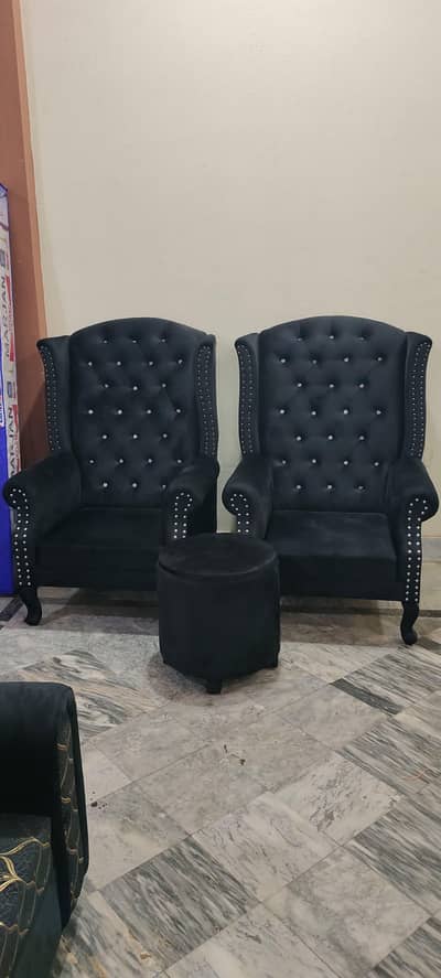 Luxury Black China Velvet Wingback Chairs with Ottoman – Royal Set