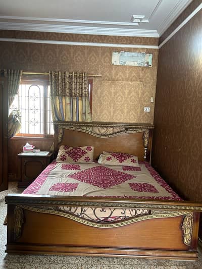 Double bed with mattress, almari side table and dressing table