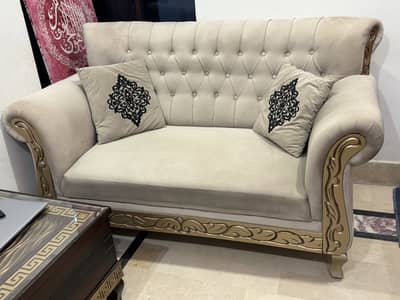 7-Seater Tufted Sofa Set + Large Center Table (Hardly Used)