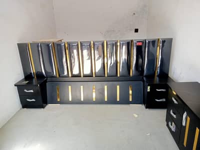 King size double bed with two side tables in black & golden colour