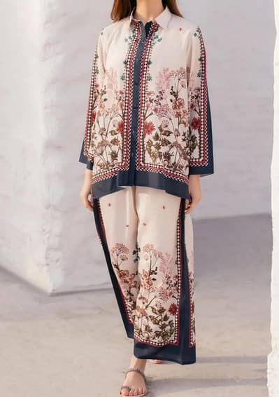 stylish off white women's stitched printed shirt and trouser