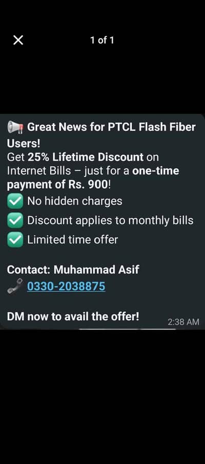 ptcl flash fiber 25% bill discount life time