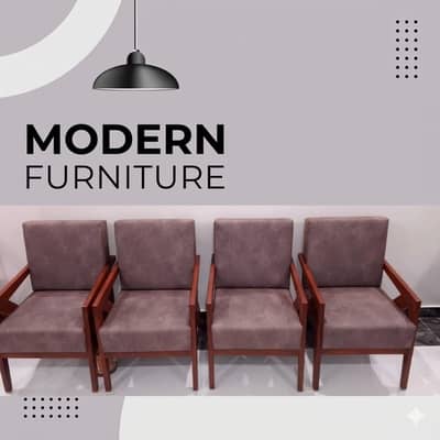 Set of 4 Modern Geometric Wooden Lounge Chairs - Brand New