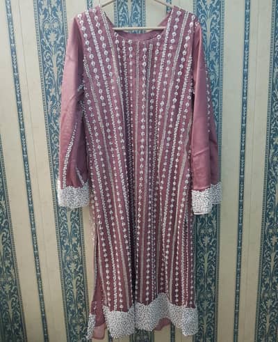 One-Time Worn Light Mauve Pink 3-Piece Dress with Silver Embroidery