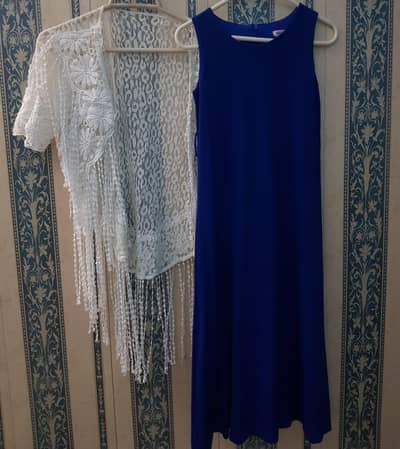 Royal Blue Sleeveless Dress + White Lace Shrug.