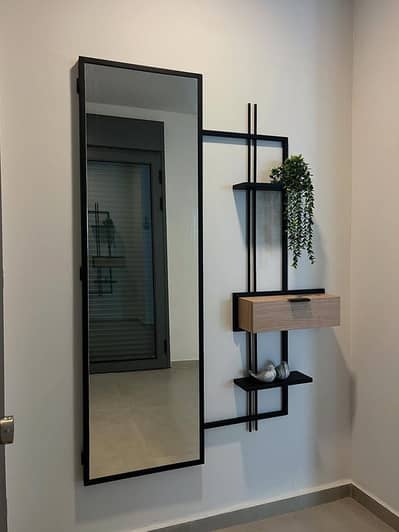 Modern Wall-Mounted Console with Mirror & Shelves – Iron & Wood Design