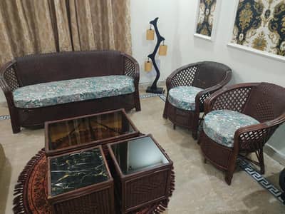 Cane Sofa Set, 5 Seater with Tables