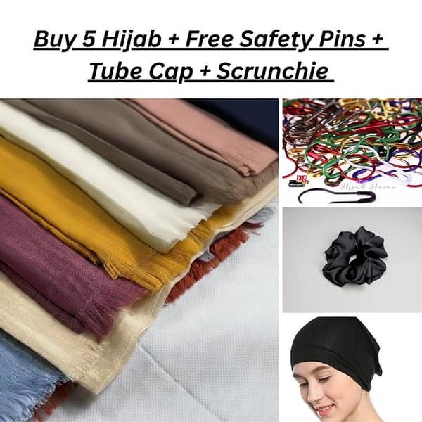 Bundle Turkish Lawn Hijab - Pack of 5 with Free Safety Pin Set, Black Tube Cap, and Scrunchie