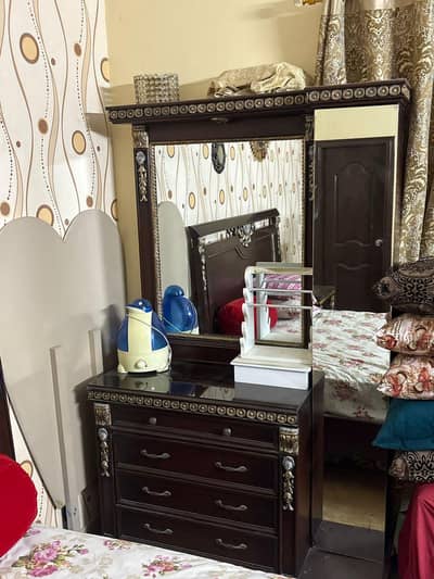 wooden bed set with dressing table and side table