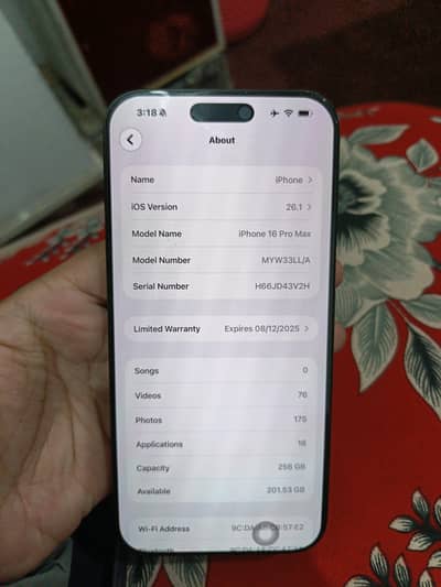 256gb Jv LLA model 16pro max 100 health 159cycle count