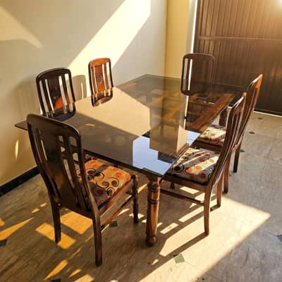 Sheesham Wood Dining Table Set 6 Chairs 12.5mm Glass Top
