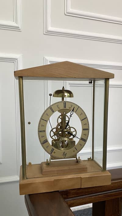 Vintage German Skeleton Mantel Clock - Brass and Wood working