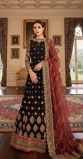 Luxury Embroidered Chiffon Frock with Heavy Net Dupatta - 102" Flare