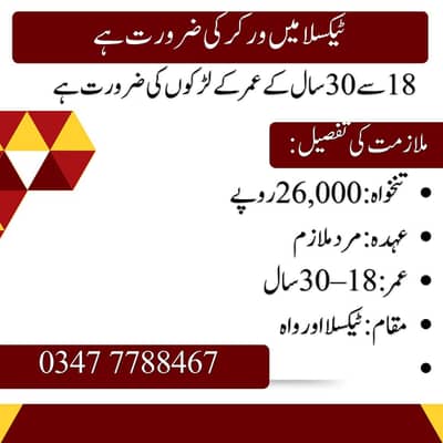 Male Worker Needed – Age 25-30 | Salary 26,000 | Taxila & wah