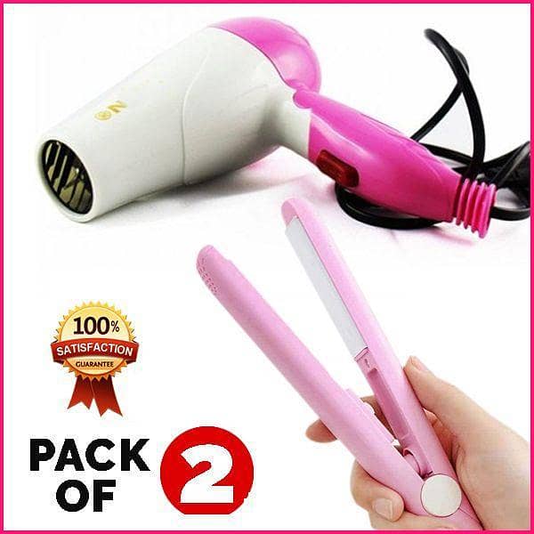 pack of 2 Combo Mini Hair Straightener And Hair Dryer Premium Quality Combo Pack Color Pink and Whit