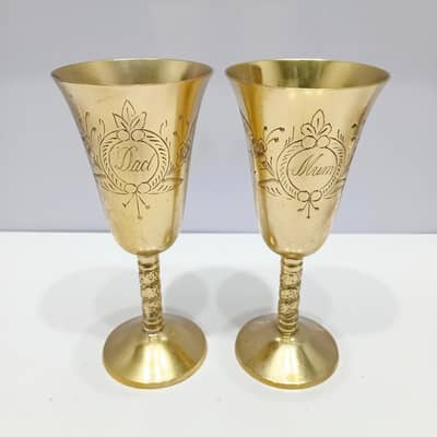 1970s Pair of Handmade Brass Glasses Features “Mum” and “Dad”