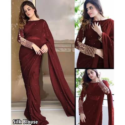 2 Pcs womens chiffon sequin embroidery stitched saree