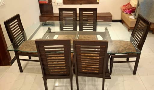 Premium 6-Seater Glass Top Dining Table Set | Solid Wooden Frame