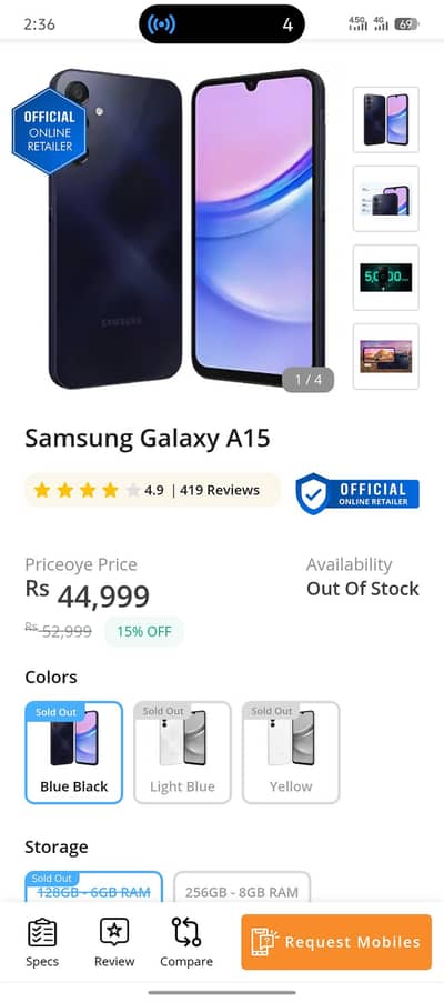 Samsung A15  Black  Blue Colour 6/128 With original box and cable