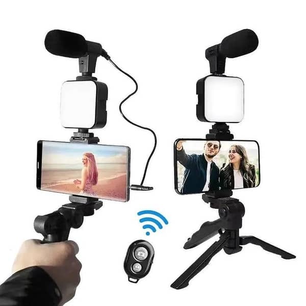 AY49 Vlogging Kit for Smartphone and Camera – Includes LED Ring Light, Mini Tripod, Vlog Microphone, Wireless Remote, and Accessories