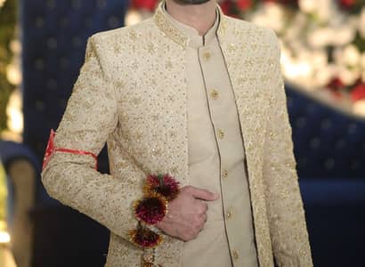 omplete Groom Sherwani Set with Shoes & Gulla – Cream/Golden | Like Ne