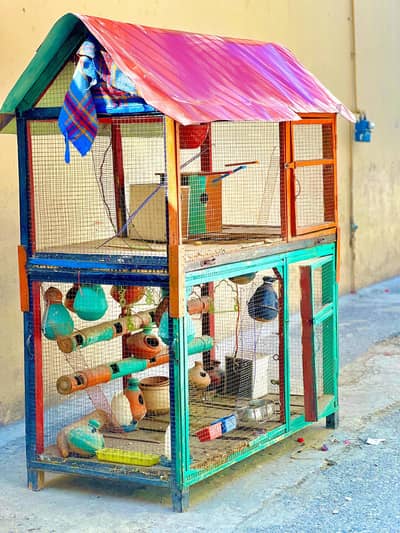 Spacious 7-ft Tall Double-Section Parrots Cage.