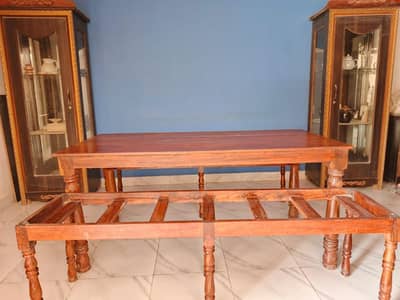 Wood dining table and benches