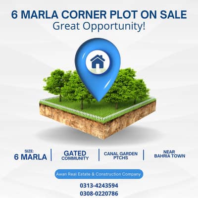 6 Marla Corner Plot for Sale Tip Block, Canal Garden, Lahore