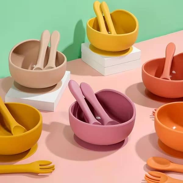 Silicone Baby Feeding Bowl Set with Suction-Cup Fork & Spoon - Non-Toxic Self-Feeding Dishes Safe Tableware (Bowl+Spoon+Fork)