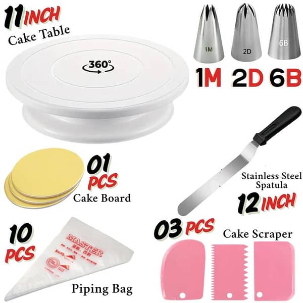11 inch Rotating Cake Turntable & 1M/2D/6B Large Nozzle & 3PCS Set Cream Scrapers & 12 inch Steel Spatula & 10PCs icing piping bags & Free Gift 1PCs cake Bord Decorating Turn Table for Cake, Baking Deal and Baking Accessories