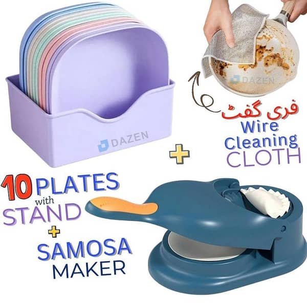 2in1 Samosa & Kachori Maker, LARGE SIZE Dumpling Maker Machin & 10 Plates with Stand Food Grade Plate Plastic Multi-function Creative Spit Bone Dish Household Plastic Elliptical Kitchen Plate Set Dining Table Garbage Plate