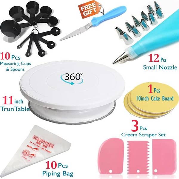 11Inch Cake Rotating Turntable & 10PCs Measuring Cup Spoon Set & 12Pcs Cake Decorating Small Nozzles Set & 10Pcs Disposable Piping Bags & 3Pcs Cake Creem icing Scraper Set & 1PCs 10inch Cake Board