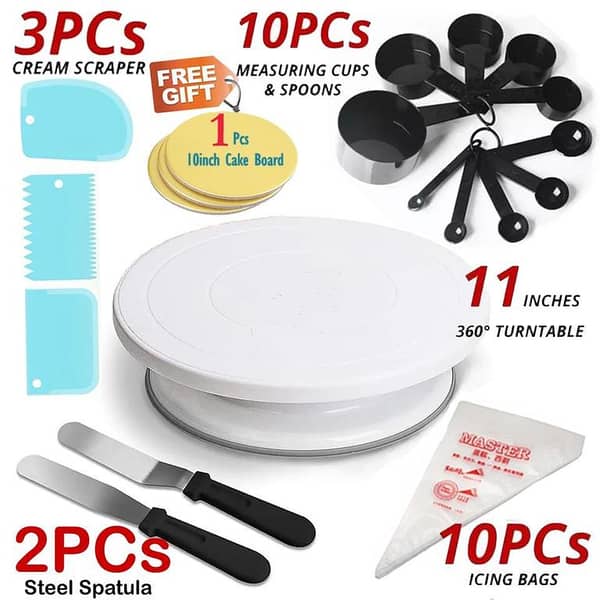 11 inch Rotating Cake Turntable & 3PCS Set Cream Scrapers & 2PCS Set Steel Spatula & 10PCs icing piping bags & 10PCs Measuring Spoon cups & Free 1Pcs Cake Bord ,Decorating Turn Table for Cake, Baking Deal and Baking Accessories