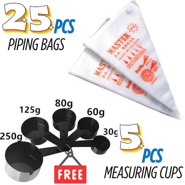 25PCs Disposable Pastry Bag Icing Piping Bag Cake Pastry Cupcake Decorating & free 5pcs Measuring Cups Multipurpose Cake Flour Food Baking Tools Accessories